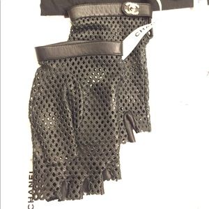 Black perforated fingerless gloves